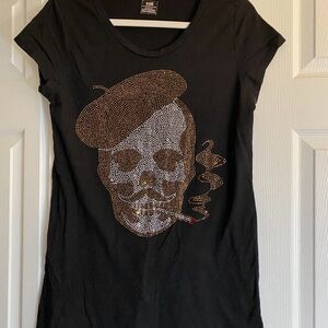Black T-Shirt with Rhinestone Skull Design